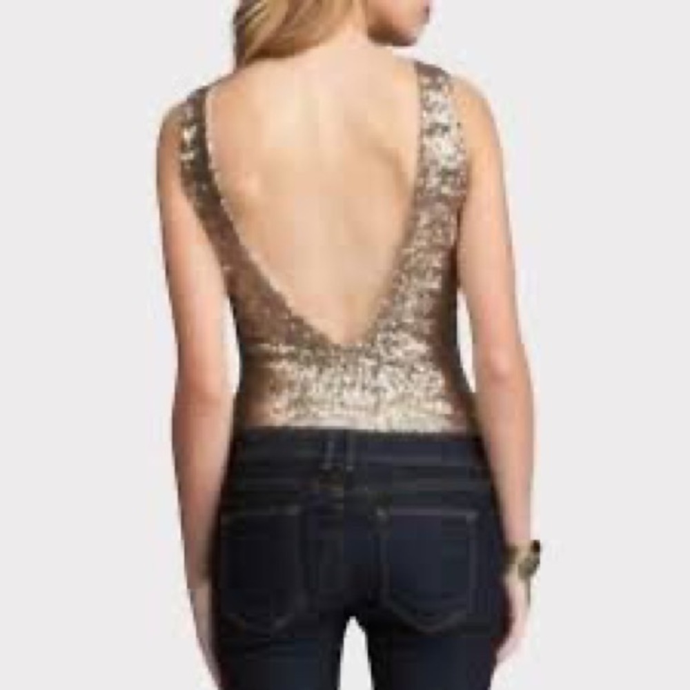 bebe Gold Sequin V-Neck Bodysuit Top - Picture 2 of 8